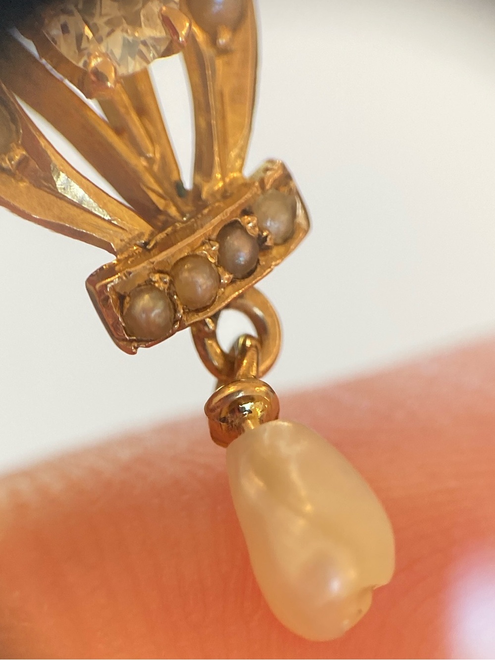 Antique Victorian 10K Diamond, Seed Pearl, Angel Skin Coral Carved Cameo Pendant - Picture 6 of 17